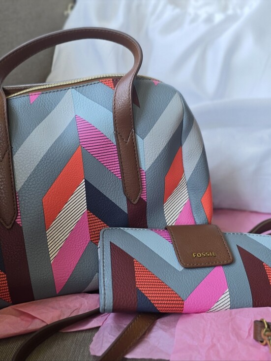 Fossil Handbags - Fossil Brown Tote with Pink, Blue and Cream Geometric Panels
